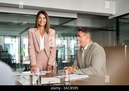 Professional board business team people having discussion at office meeting. Stock Photo