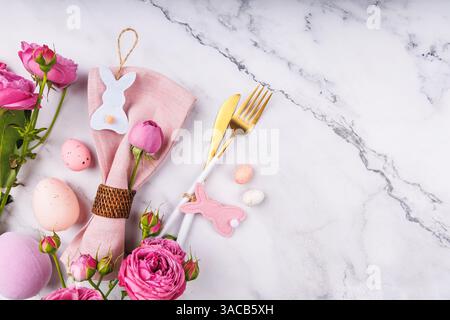 Easter Brunch Table with Spring Flowers and Decor Stock Photo