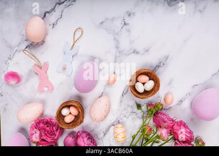 Spring Easter Flat Lay with Flowers and Decorations Stock Photo