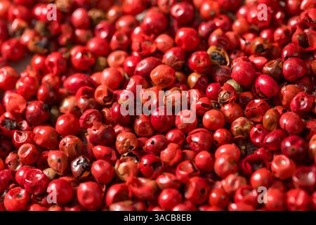 Organic Spicy Red Pink Peppercorns in a Wooden Bowl Stock Photo