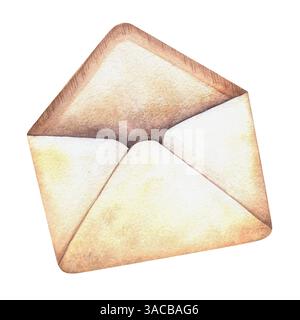 Opened envelope painted in watercolor vintage style. Elegant retro hand-drawn isolated illustration of letter. Perfect for old-fashioned romantic post Stock Photo