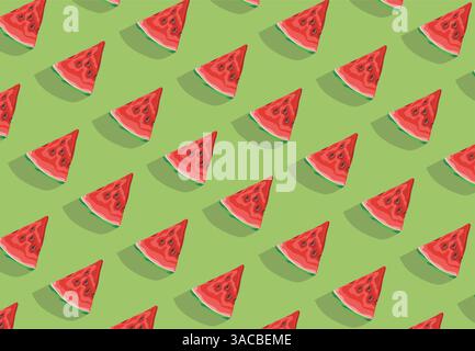 Colorful fruit pattern of fresh watermelon slices on green background. Top view Stock Vector