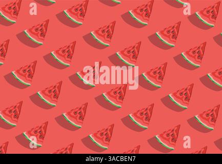 Colorful fruit pattern of fresh watermelon slices on red background. Top view Stock Vector