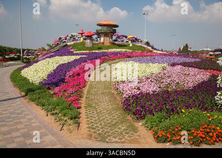 The Mushrooms and the beautiful colorful flowers inside the famous Miracle Garden in Dubai United Arab Emirates Stock Photo