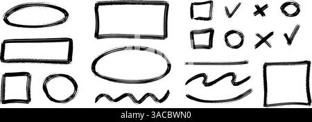 Black charcoal geometric frame and element set. Rectangle and circle paintbrush border collection. Rough sketched elements for highlight, underline, emphasis. Vector scribbled crayon form pack Stock Vector