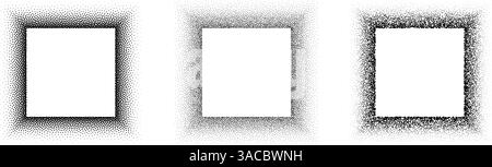 Black stippled square frame set. Dotted gradient border collection. Rectangle picture holders for banner template, copy space, collage, emblem, poster, box. Vector stipple frame element bundle Stock Vector