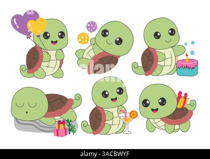 Turtle birthday character clipart drawing set. Cute tortoise icon clip art with party elements like heart balloons, cake, gift box, and juice in enjoy Stock Vector