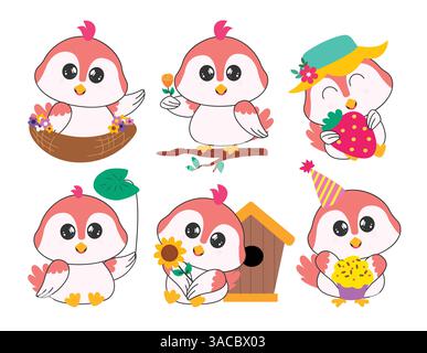 Birds character clipart drawing set. Cute bird cartoon character clip art with drawing elements like nest, tree branch, birdhouse and flowers outline Stock Vector