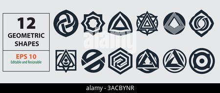 Set of 12 Abstract Geometric Shapes and Symbols in Vector Design. Stock Vector
