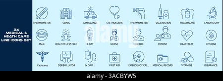 Medical and Healthcare Line Icons Set 24 Modern Thin Outline Symbols for Hospital, Clinic, Emergency, and Wellness. Stock Vector