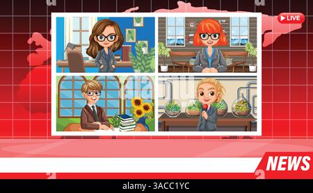 Colorful vector illustration of a virtual newsroom with diverse reporters, showcasing modern communication and media themes Stock Vector