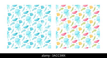 Two seamless patterns with cartoon jellyfish, shells, and seaweed. Marine theme. Colorful and monochrome endless texture. Stock Vector