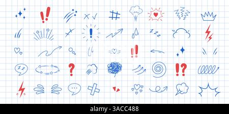 Anime Emotion effect. Doodle manga icons. Idea and exclamation symbol. Pop art clipart. Scribble vector illustration on checkered notebook sheet Stock Vector