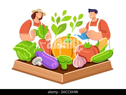 Farmers working in garden. Farm workers grow vegetables. Growing fresh healthy organic food. Flat design cartoon Stock Vector