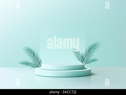 soft blue 3D podium mockup with tropical palm leaves, product showcase, advertising, or branding. Modern two-tier display in a clean, minimalist desig Stock Vector