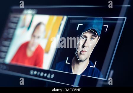 Deep fake. Deepfake AI fraud video or theft. Face recognition or swap. Photo edit with artificial intelligence. Personality and identity scam. Stock Photo