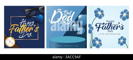 Father's day greeting clipart poster set design. Happy father's day and best dad message, wishes clip art in blue background with podium, floating Stock Vector