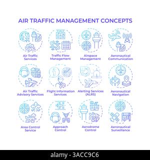 Air traffic management blue gradient concept icons Stock Vector