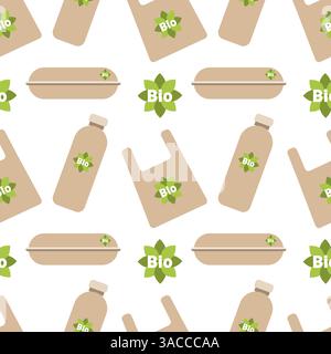 Pattern with eco friendly biodegradable packaging, box bottle package shopping bag, sustainable biodegradable containers for delivery takeaway food. Vector illustration Stock Vector
