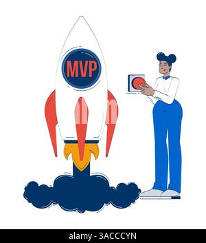 Female entrepreneur launching MVP startup rocket doodle illustration concept Stock Vector
