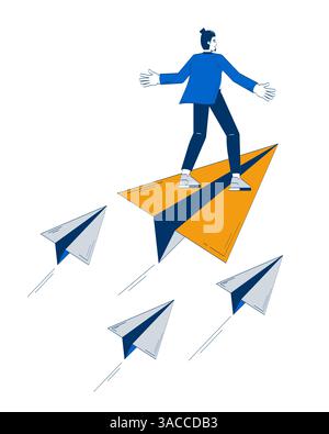 Visionary leader flying forward on paper plane doodle illustration concept Stock Vector