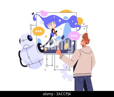 AI robot creating artwork. Vector cyborg drawing picture. Artificial intelligence futuristic draw technology. Digital artwork using machine learning. Stock Vector