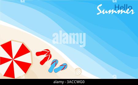 A vibrant summer day at the beach features a red and white striped umbrella next to colorful flip-flops on the soft sand. The clear blue water Stock Vector