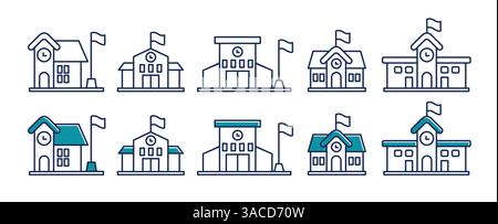 School building outline clipart set. University classroom drawing art line icon clip art schoolhouse building for students education in rural Stock Vector