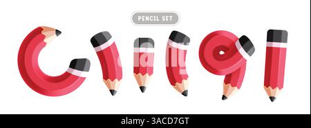 Pencil red elements clipart set. School 3d pen in curved, spiral and tie shape icon clip art collection for educational drawing and writing elements Stock Vector