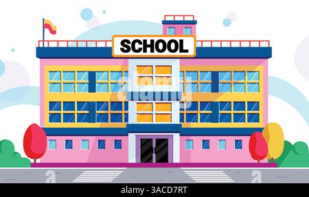 School building drawing clipart design. University colorful classroom clip art with roof top educational schoolhouse college institution flat elements Stock Vector