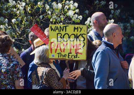 London, UK. 3rd April 2025. Book authors and publishing professionals stage a protest outside Meta offices in King's Cross over the Facebook owner's use of copyrighted books to train artificial intelligence. Credit: Vuk Valcic/Alamy Live News Stock Photo