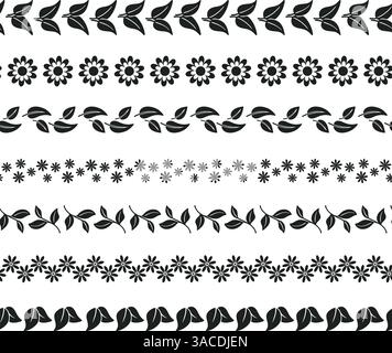 Botanical borders of flowers and leaves set. Black floral and leaf silhouette seamless horizontal pattern. Rustic collection of dividers, vector Stock Vector