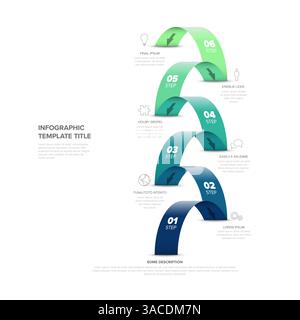 A colorful six-step infographic with a gradient ribbon design and icons paired with text. Ideal for process visualization, workflow concepts, or timel Stock Vector