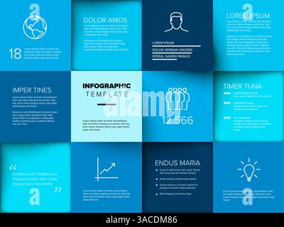 A modern infographic template featuring a blue grid layout with text boxes, icons, and statistics. Perfect for presenting data, business insights, or Stock Vector