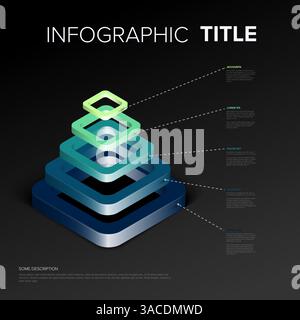 This vibrant layered 3D infographic pyramid diagram uses a colorful gradient design to represent hierarchical data. Detailed annotations explain vario Stock Vector