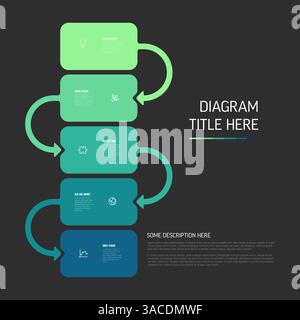 A vibrant dark infographic diagram featuring five stacked steps in different colors, connected by curved arrows. Perfect for illustrating processes, w Stock Vector