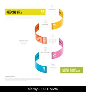 A vibrant ribbon infographic with five steps and icons, featuring yellow, orange, pink, and blue segments with descriptive text for each phase. Design Stock Vector
