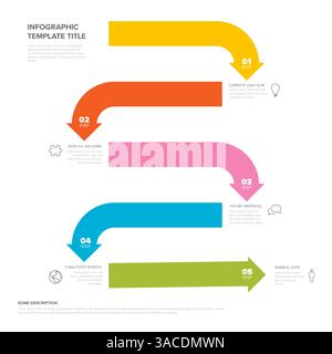 This infographic features a colorful five-step design with arrows in yellow, orange, pink, blue, and green. It's a visually appealing template ideal f Stock Vector