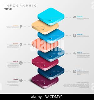 A vibrant 3D infographic features stacked colored layers with descriptive text and icons. The design is visually appealing and ideal for showcasing hi Stock Vector