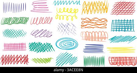 Colored chalk hatching big set. Different lines bright colors pencils children s drawing. Graphic design elements, line sketches, vector graphics Stock Vector