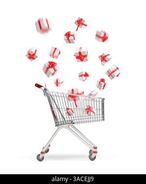 Studio shot of presents falling in a shopping cart isolated on white background Stock Photo