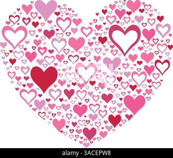 Vector illustration made with red heart silhouettes on a white background filling a heart shape. Stock Vector