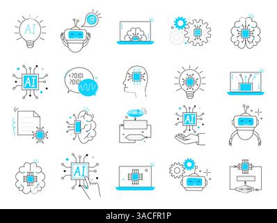 Set of blue line icons representing various aspects of artificial intelligence AI vector, including a chatbot, cybernetics, machine learning, robotics Stock Vector