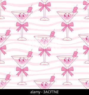 Seamless Pattern Groovy Pink Glass Cocktail Character with Coquette Bow. Vintage Aesthetic Drink Martini on Distorted Stripe White Background. Romanti Stock Vector