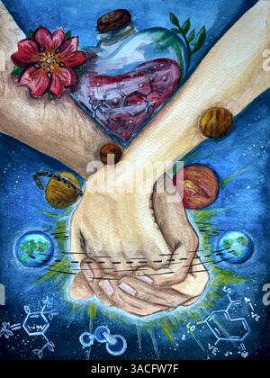 Hand in hand, man and woman, they hold a vessel of love in outer space, support each other Stock Photo