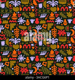 Abstract organic shape seamless pattern with naive geometric doodles. Stock Vector