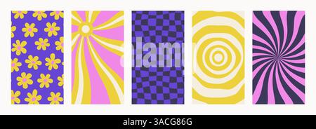 Abstract Groovy backgrounds. Set of psychedelic retro patterns. Trendy twisted and checkered vector texture in abstract y2k style. Vector graphic for Stock Vector