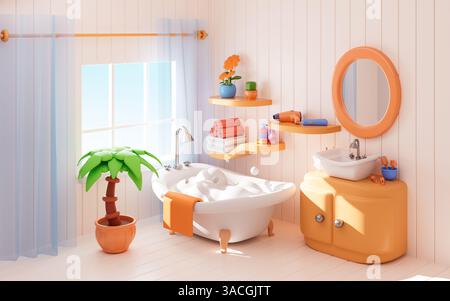 Cartoon bathroom model with bathtub, 3d rendering. 3d illustration. Stock Photo