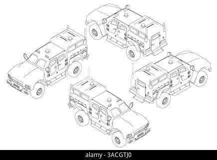 Four different colored vehicles are shown in a grid. The vehicles are all the same make and model, but they are different colors. The vehicles are all Stock Vector