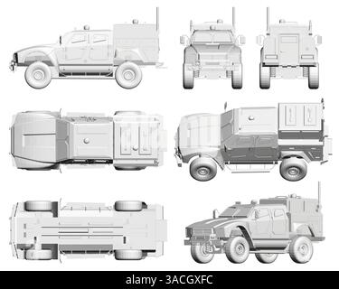 Set with military vehicle. The vehicle is shown from side, back, front, above view. 3D Stock Vector